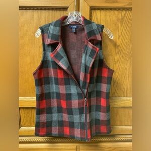 Chap Women’s Zip Up Collared Red Black Plaid Sweater Vest Size Large